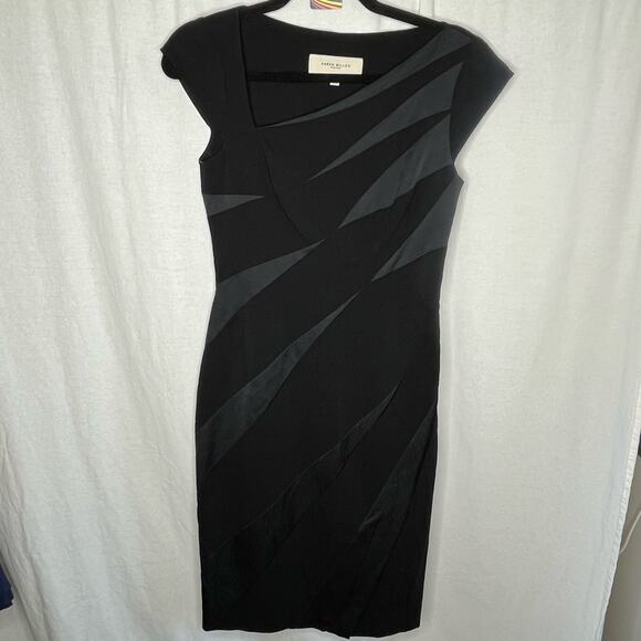 Karen Millen Dresses & Skirts - Karen Millen England Black Shift Midi Dress Size 4 Wool Blend Geometric Details
